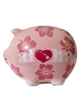 Aloha Pink Hibiscus Flowers Ceramic Piggy Bank Hawaii
